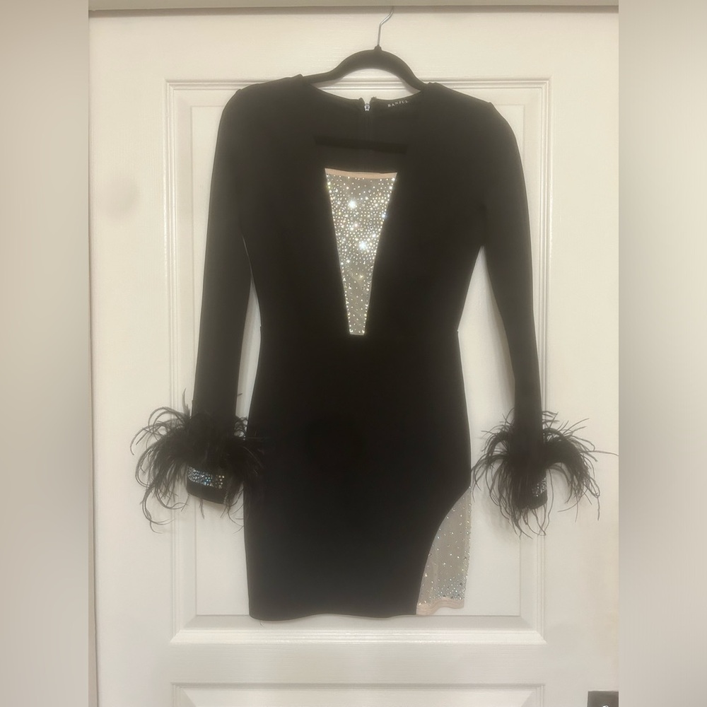 LBD long sleeves with rhinestones and feathers sz S
